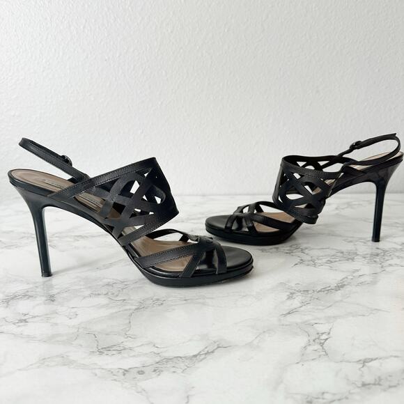 DVF Black Laser Cut Leather Stiletto Heel Open Toe Sandal Women’s Size 10 - Picture 8 of 13
